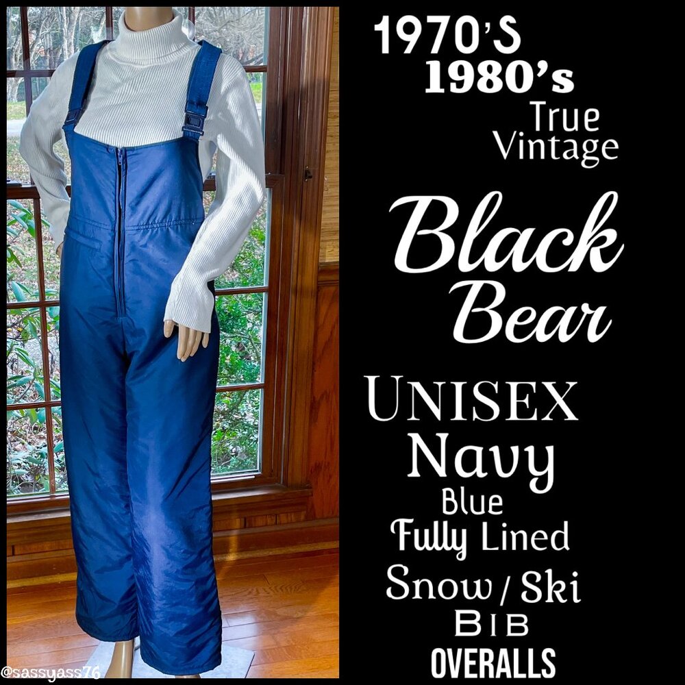 ▪️VTG▪️BLACK BEAR▪️70's 80's Unisex Navy Blue Fully Lined Snow Ski Bib Overalls